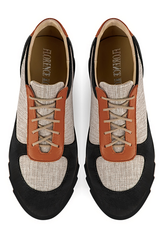 Women's matt black, natural beige and terracotta orange elegant sneakers. Round toe. Thick rubber soles - Top view